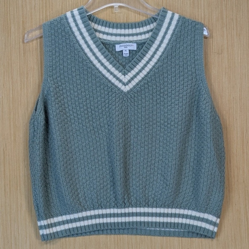 Women's Tennis Prep Sage Green Varsity Stripe Classic V-Neck Sweater Vest XL